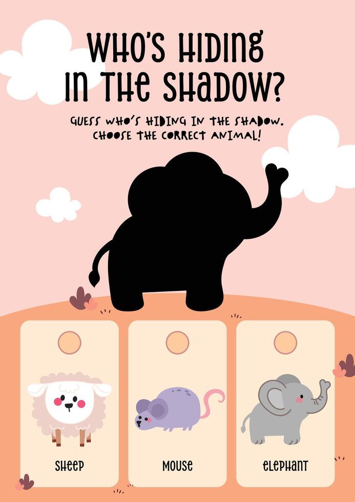 Fun printable worksheet in kawaii style with an animal shadow guessing game for kids to support visual and early learning vector