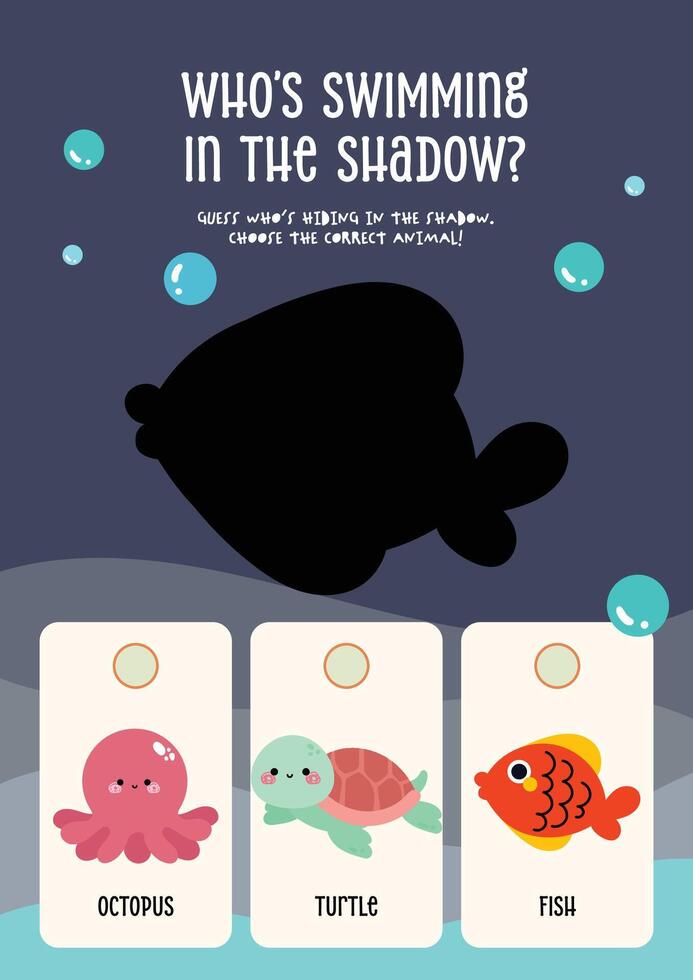 Printable worksheet for kids in cute kawaii design with sea animal shadows to support recognition and early education vector
