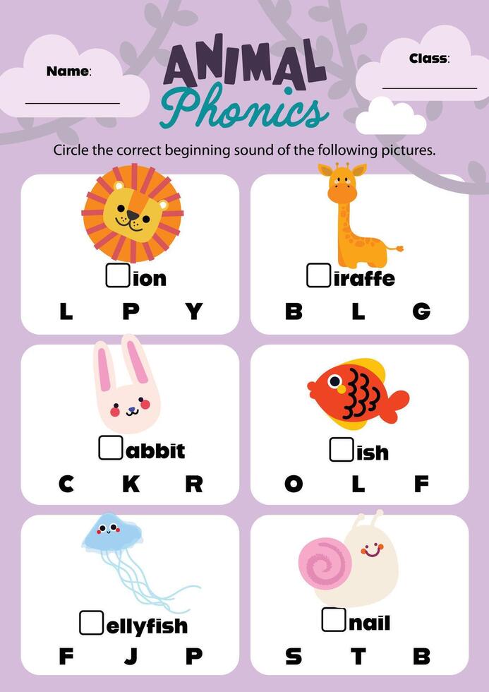 Early learning made fun with colorful and cute animal themed phonics worksheet for kids suitable for printable use at home or school vector