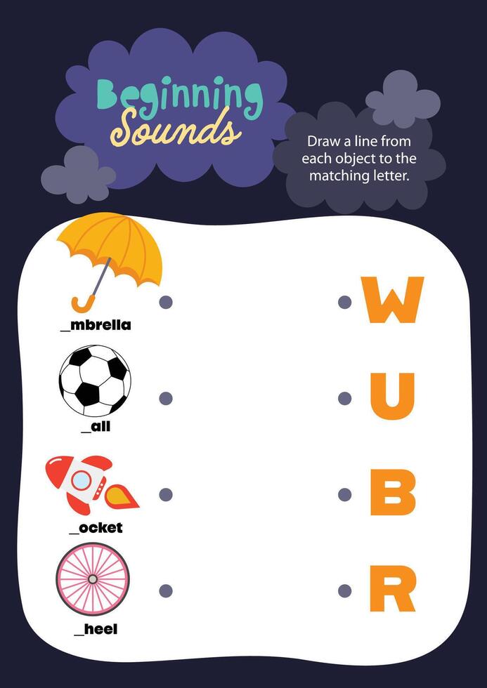 Printable kawaii worksheet for kids with colorful objects to connect to the correct starting letter for interactive phonics practice vector