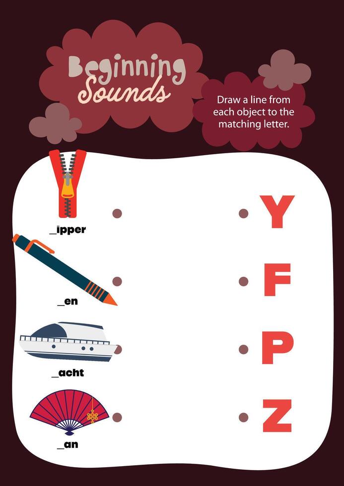 Cute kawaii and colorful printable worksheet for kids to draw lines matching each object to its correct beginning letter for fun and interactive phonics learning. vector