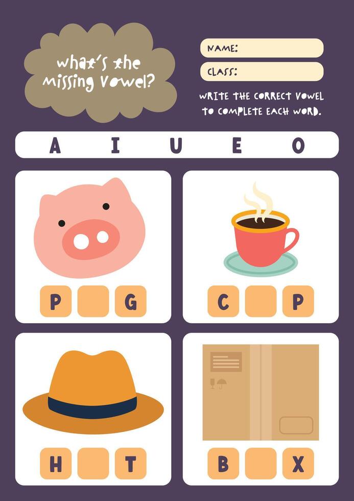 Printable kawaii worksheet with colorful objects for kids to write missing vowels supporting phonics reading and spelling skills vector