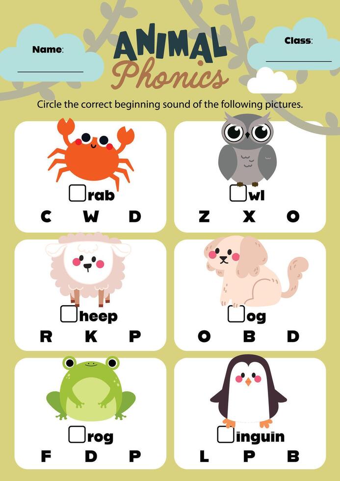 Animal themed phonics activities in a fun and colorful printable worksheet for kids perfect for engaging early learning at home or in the classroom vector