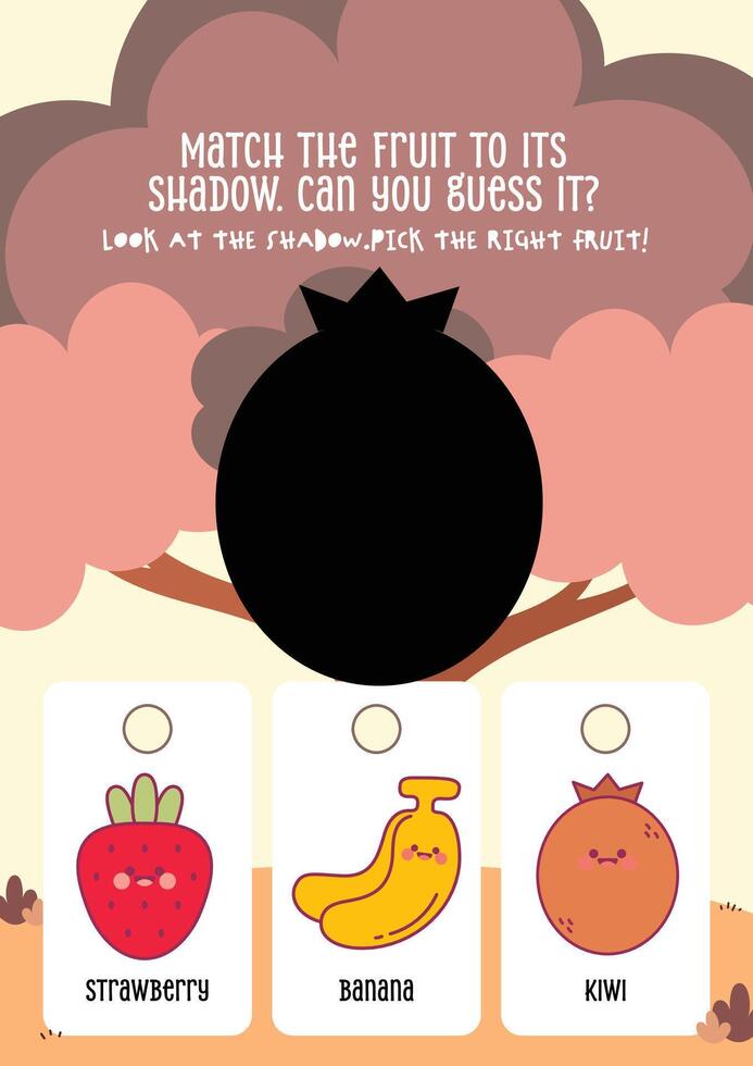 Cute kawaii printable worksheet for kids to guess the correct fruit from its shadow, perfect for fun learning, shape recognition, and early education. vector