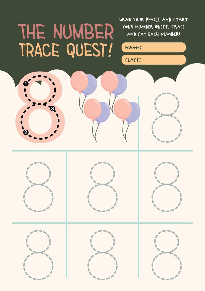 Printable kawaii worksheet for kids featuring number tracing activities for colorful math learning and handwriting development vector