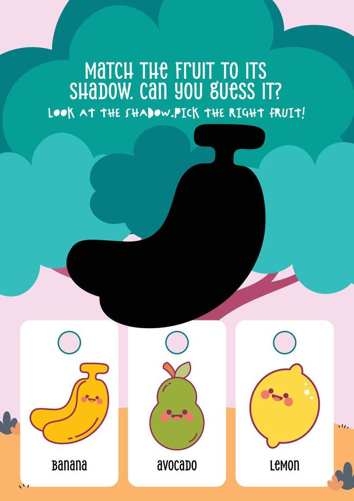 Fruit shadow matching activity for kids in a colorful and cute printable worksheet designed for fun learning vector