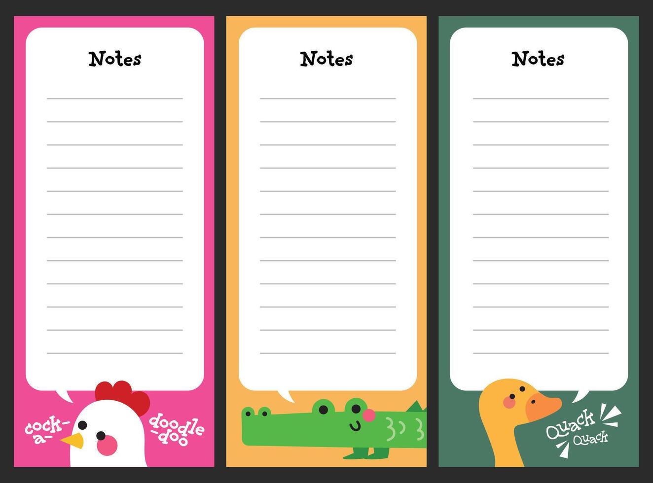 Cute kawaii set blank notes with adorable animal theme and colorful layout great for kids writing planning journaling or school fun printable template use. vector