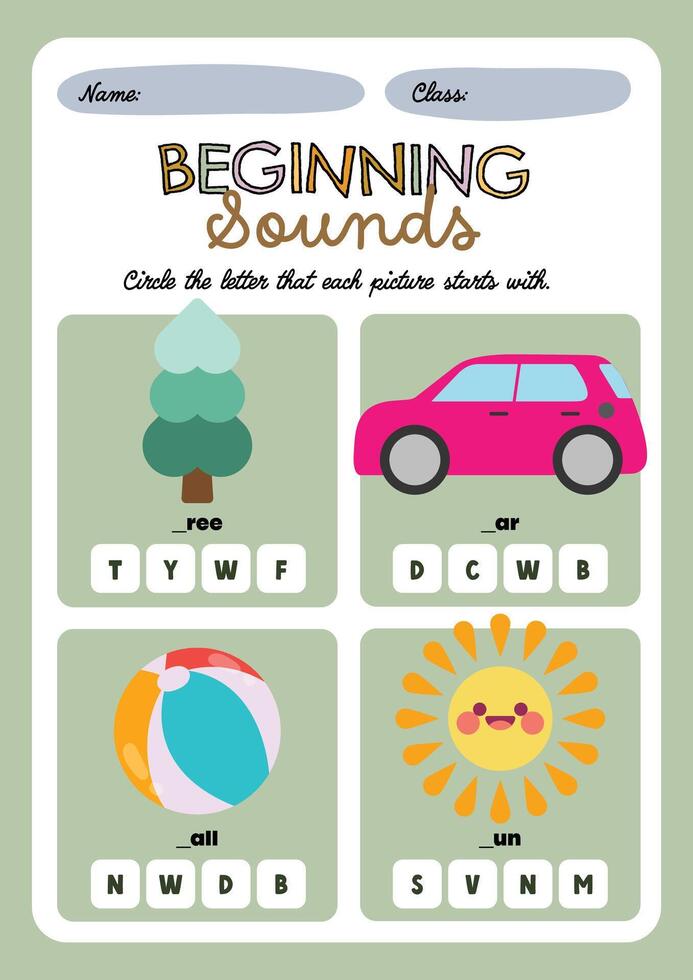 Kawaii phonics worksheet featuring colorful objects for kids to choose the correct beginning letter in a fun printable design vector