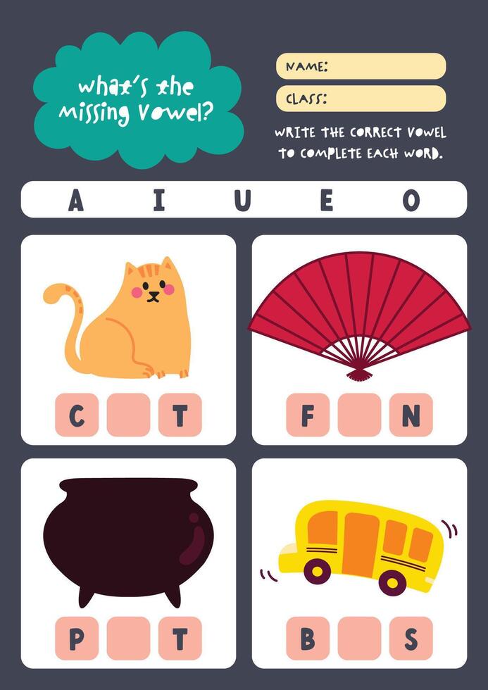 Kawaii themed phonics worksheet where kids complete object names by writing missing vowels in a fun and colorful activity vector