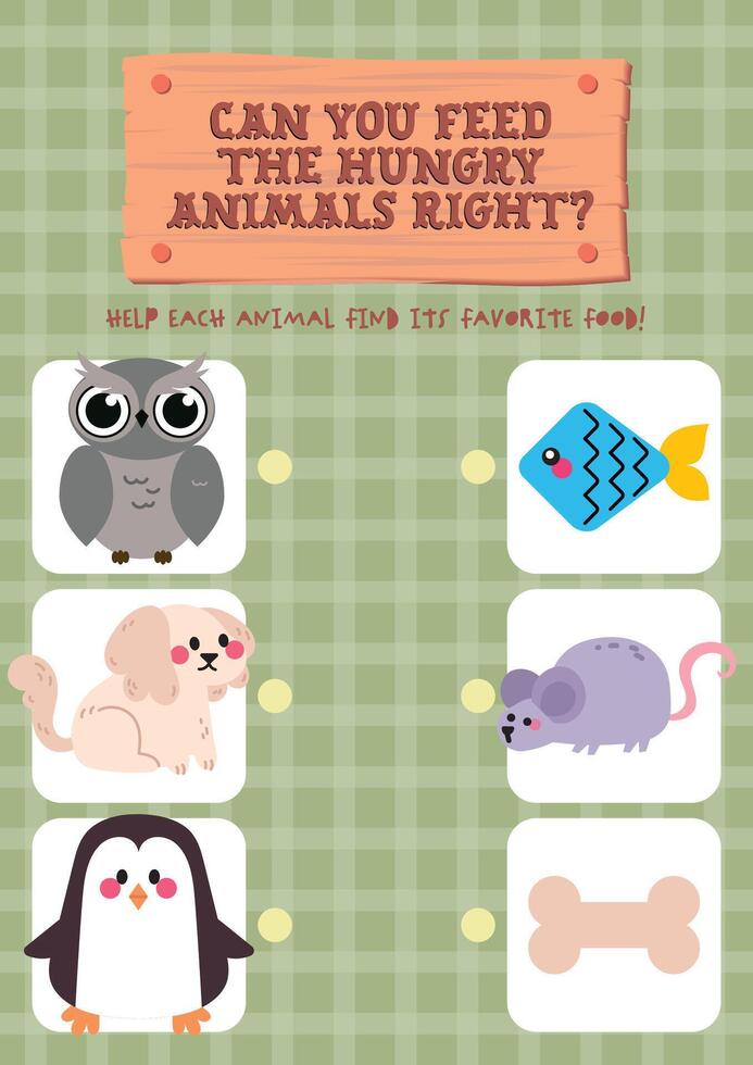 Cute and colorful worksheet for kids with line matching activity to connect animals to the right food for educational practice vector