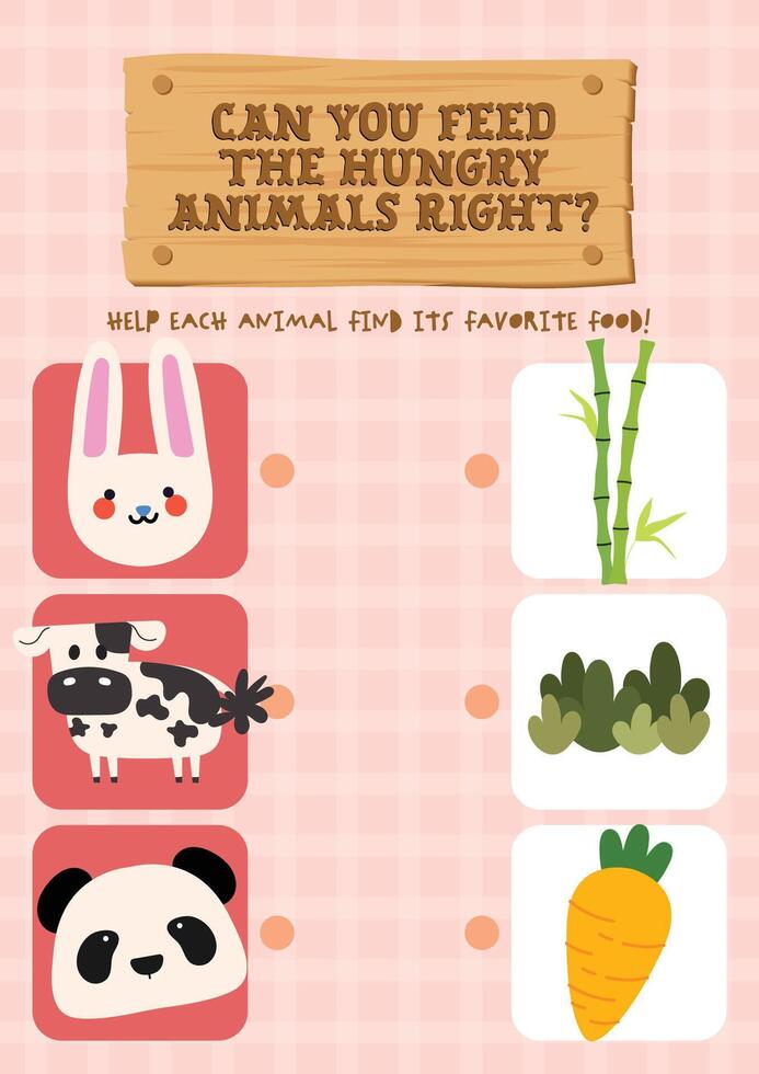 Cute kawaii printable worksheet for kids to match animals with their correct food by drawing lines, fun educational activity for learning and recognition skills. vector