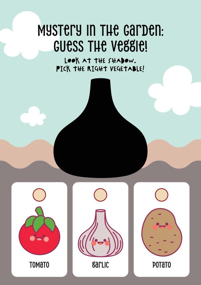 Kids worksheet in cute kawaii design with vegetable shadow matching to support learning and visual skills vector