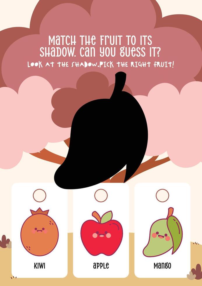 Fun kawaii worksheet for kids with fruit shadow guessing activity to build shape recognition and learning skills vector