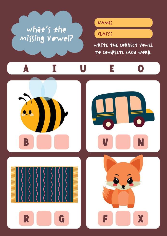 Colorful and cute kawaii worksheet for kids to fill in missing vowels in object names a fun printable for phonics reading and spelling vector