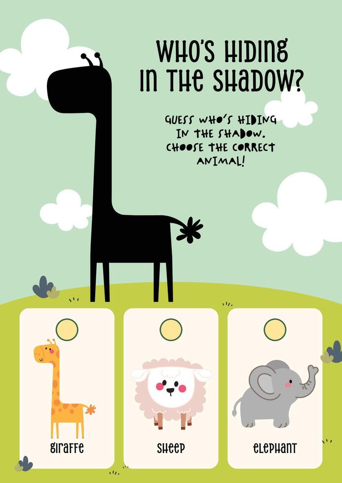 Cute and colorful worksheet for kids featuring animal shadow guessing activity to build early education and recognition skills vector