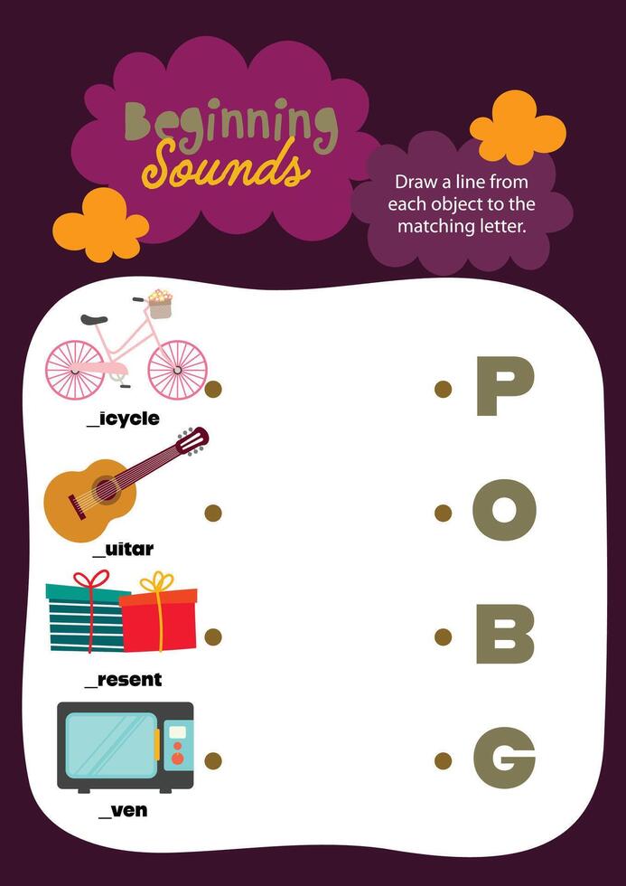Kids phonics worksheet in kawaii style with colorful images to circle the starting letter of each object for engaging learning vector