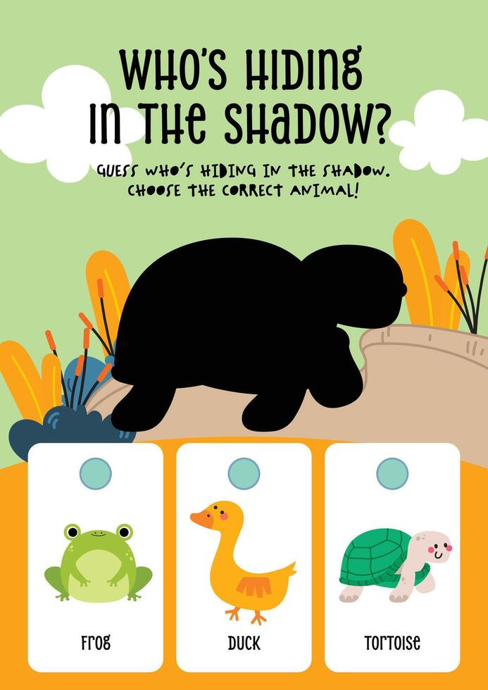 Kawaii worksheet for kids with shadow matching activity to identify swamp animals great for early education and nature learning vector