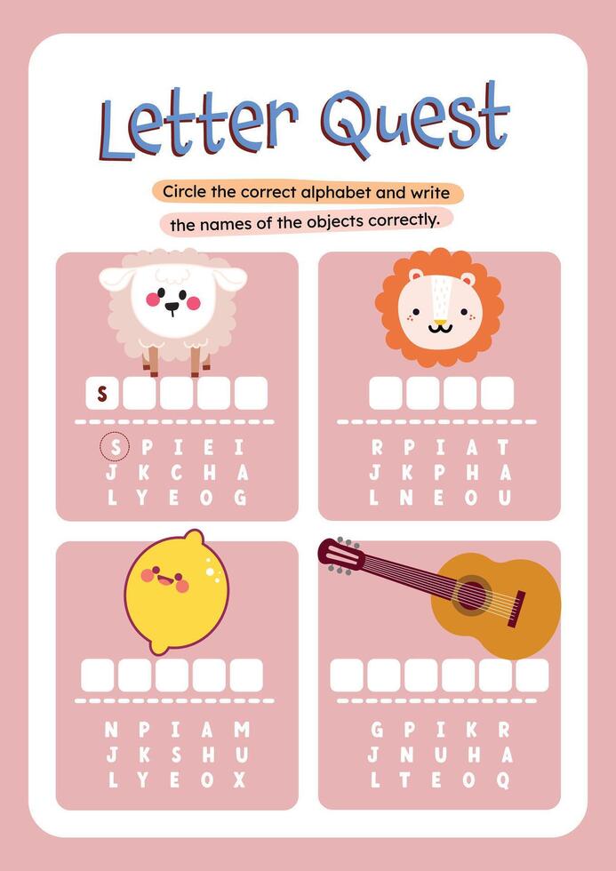 Cute kawaii and colorful worksheet for kids to circle and write the name of each object shown fun printable activity for learning vocabulary and writing skills. vector