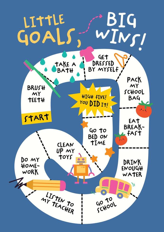 Adorable kawaii daily task journal for kids with simple routines like brush your teeth and do homework, designed to build good habits with fun visuals. vector