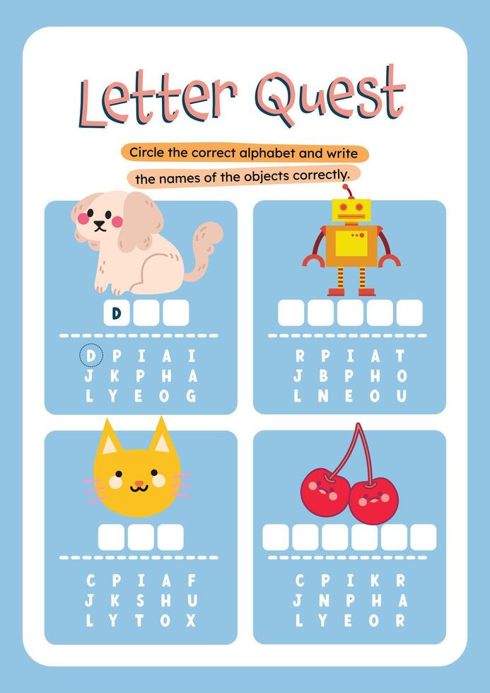 Printable kawaii worksheet with cute colorful images where kids circle and write each object name for writing and vocabulary practice vector
