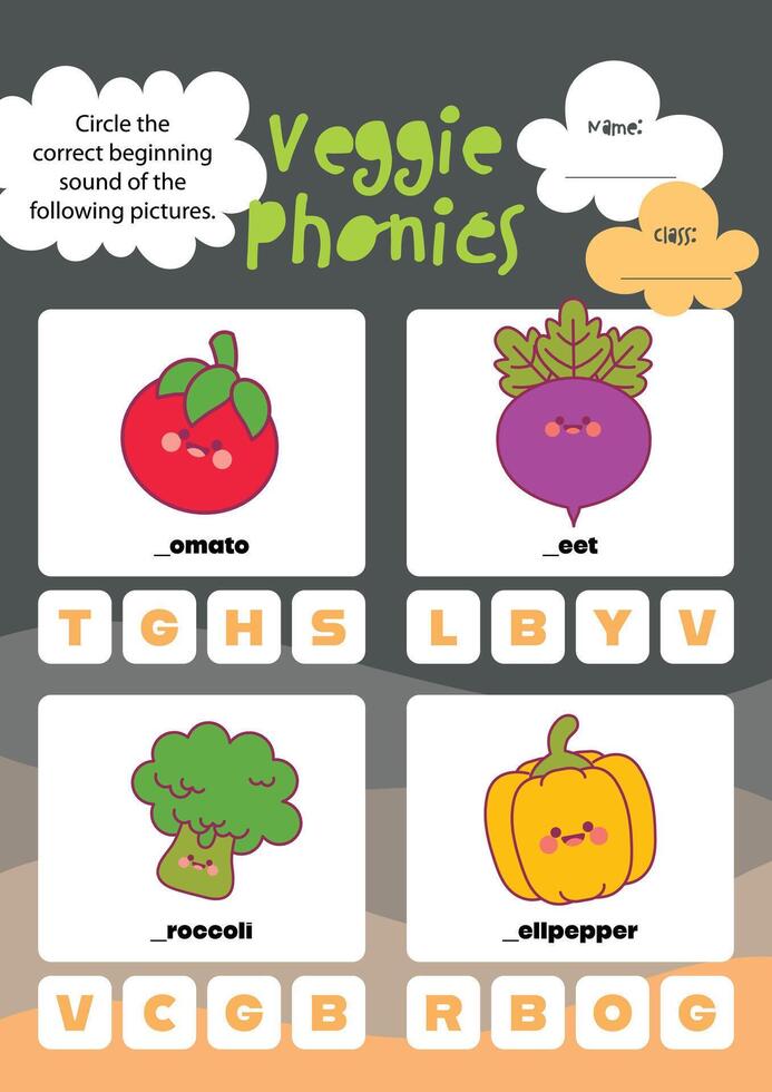 Cute vegetable themed phonics worksheet for kids fun and colorful for printable use at home or in the classroom vector