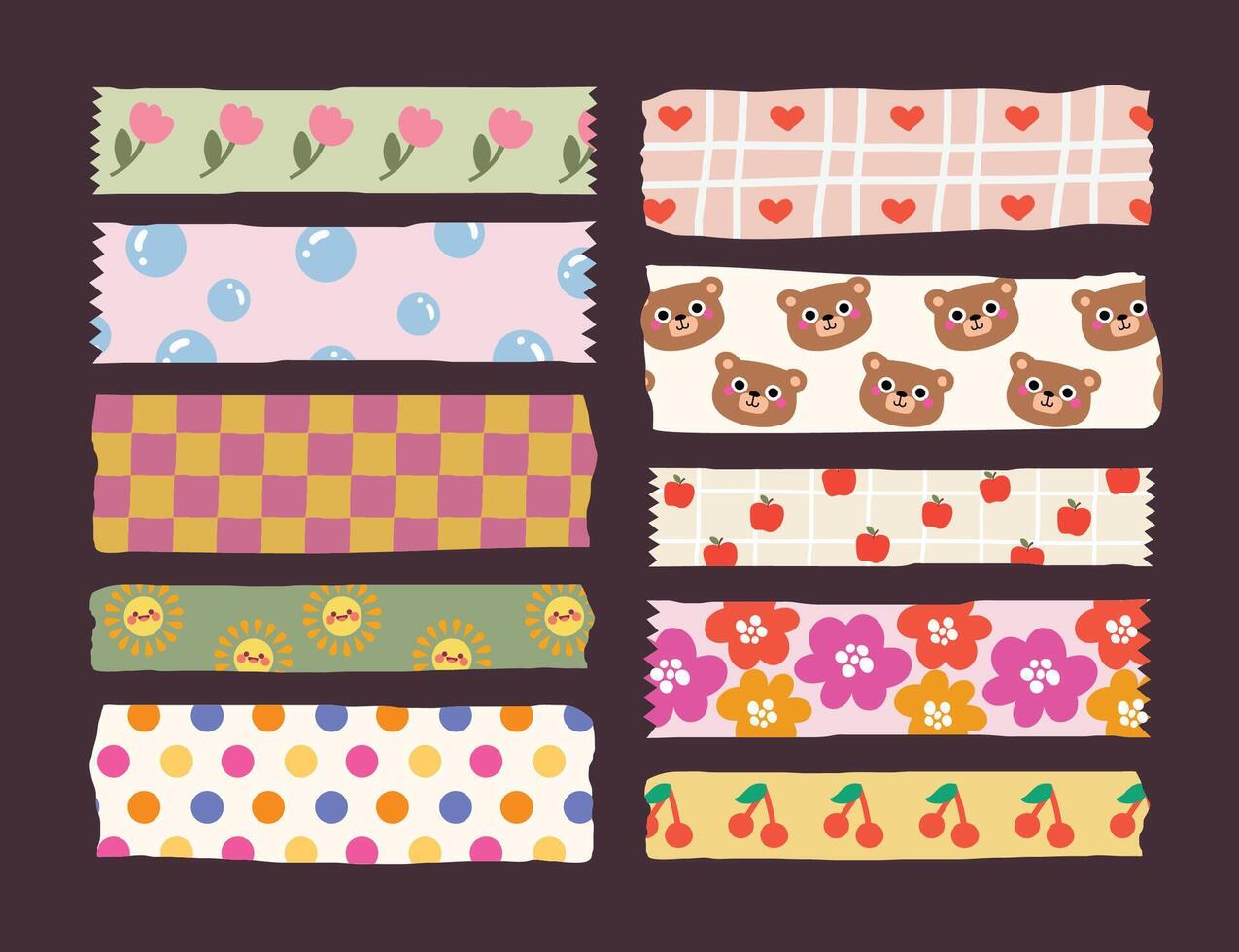 Cute kawaii washi tape set with colorful patterns perfect for journaling, scrapbooking, planners, and crafts. A fun and decorative printable template. vector
