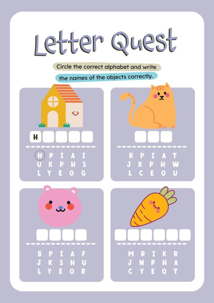 Vocabulary and writing skills worksheet for kids with kawaii and colorful design to circle and name each object vector