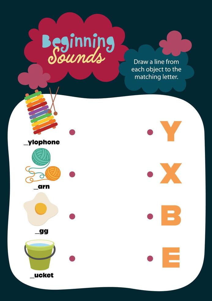 Printable kawaii worksheet for kids with colorful images to identify beginning letters for engaging and fun phonics learning vector