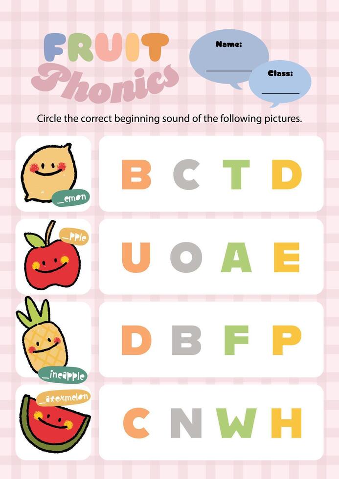 Fruit themed printable worksheet for kids fun and colorful phonics activity for use at home or in the classroom vector