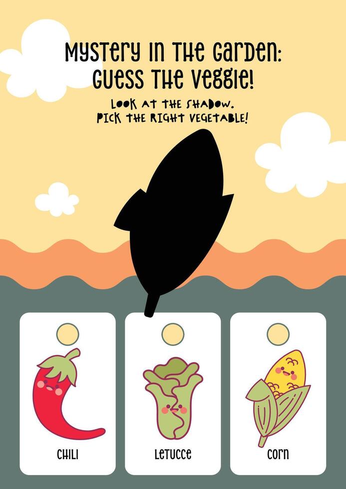Cute kawaii printable worksheet for kids to guess the correct vegetable from its shadow, designed for fun learning and visual recognition in early education. vector