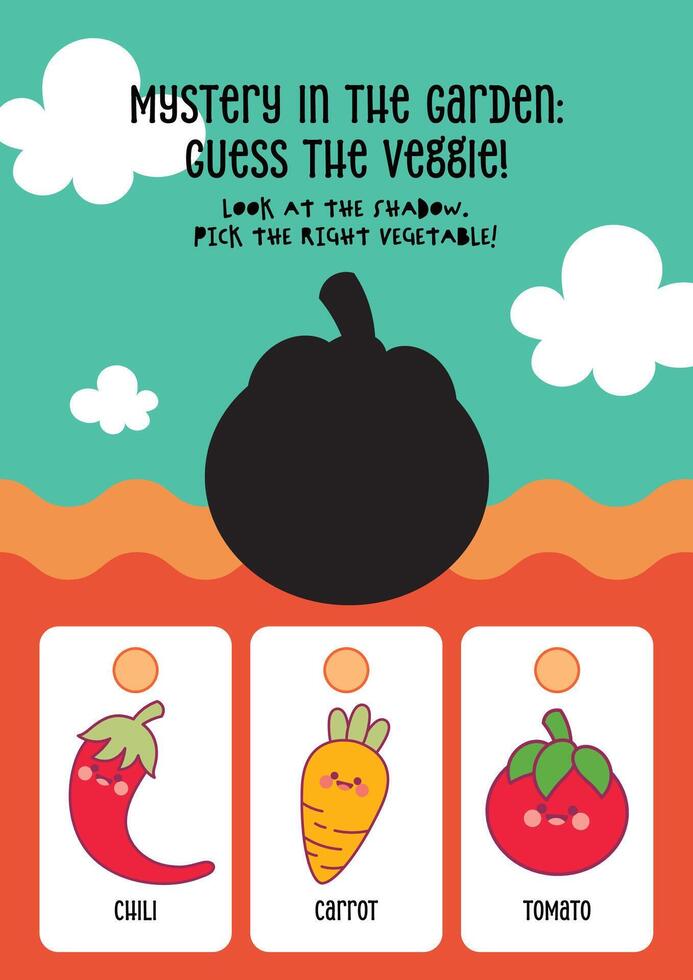 Cute and colorful worksheet where kids guess the correct vegetable from its shadow for early education vector