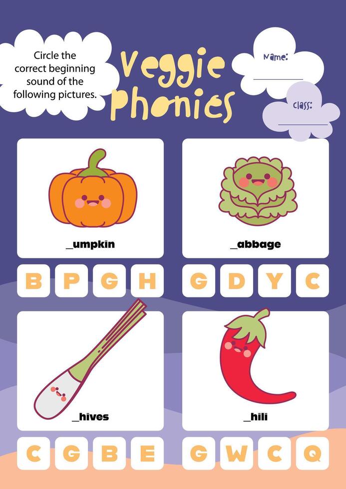Fun phonics worksheet with vegetable illustrations for kids perfect for colorful learning activities at home or classroom use vector
