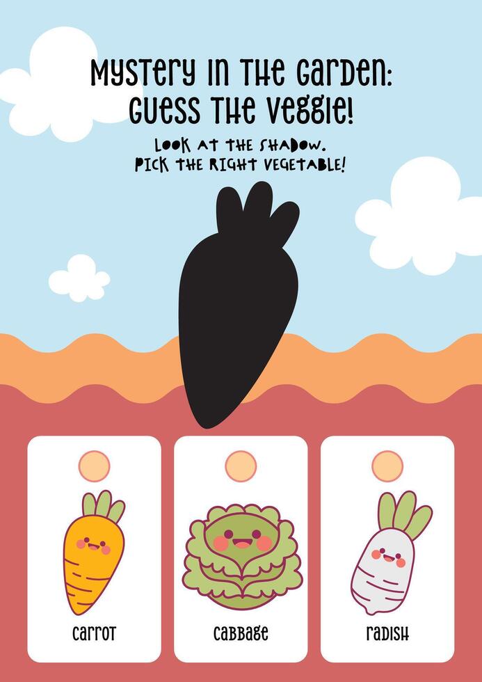 Educational kawaii worksheet for kids to match vegetables to shadows for playful early learning vector