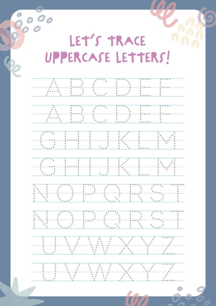 Cute kawaii printable worksheet for kids to trace uppercase A to Z letters. Perfect for early education, alphabet recognition, and fun learning at home or school. vector
