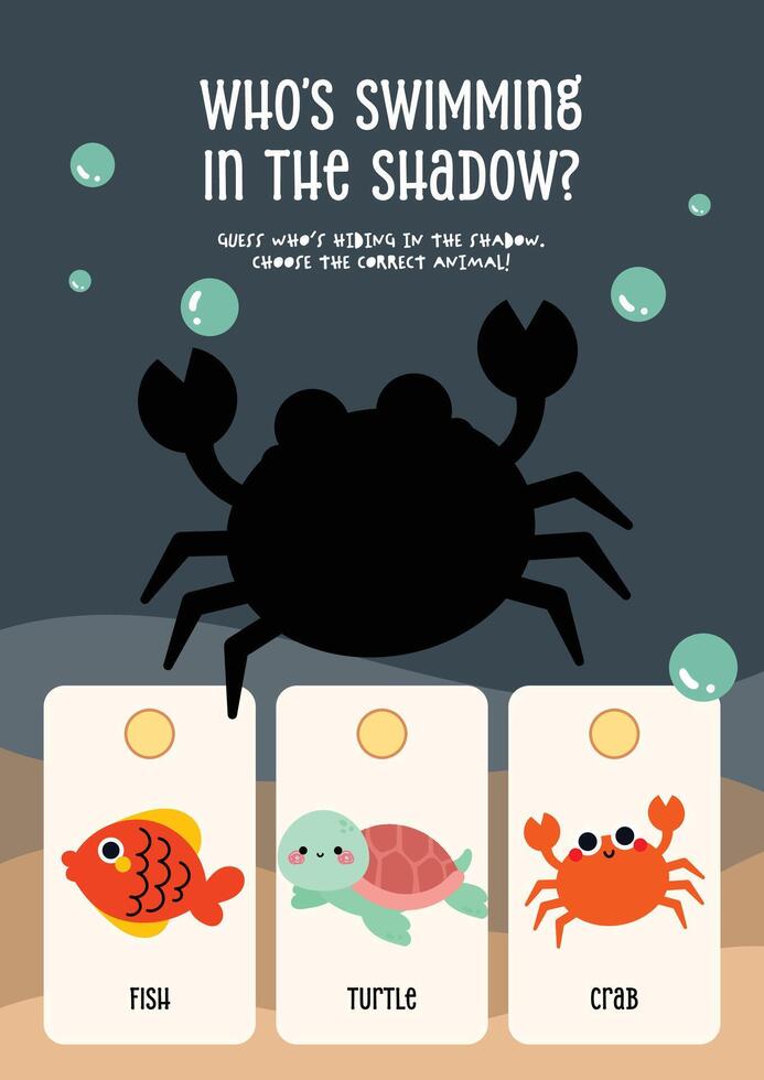 Kawaii worksheet for kids with fun sea animal shadow matching activity to support early learning and recognition skills vector
