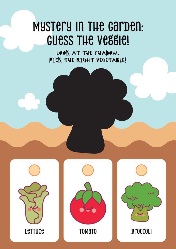 Kawaii themed worksheet for kids to select the right vegetable from its shadow for playful education vector