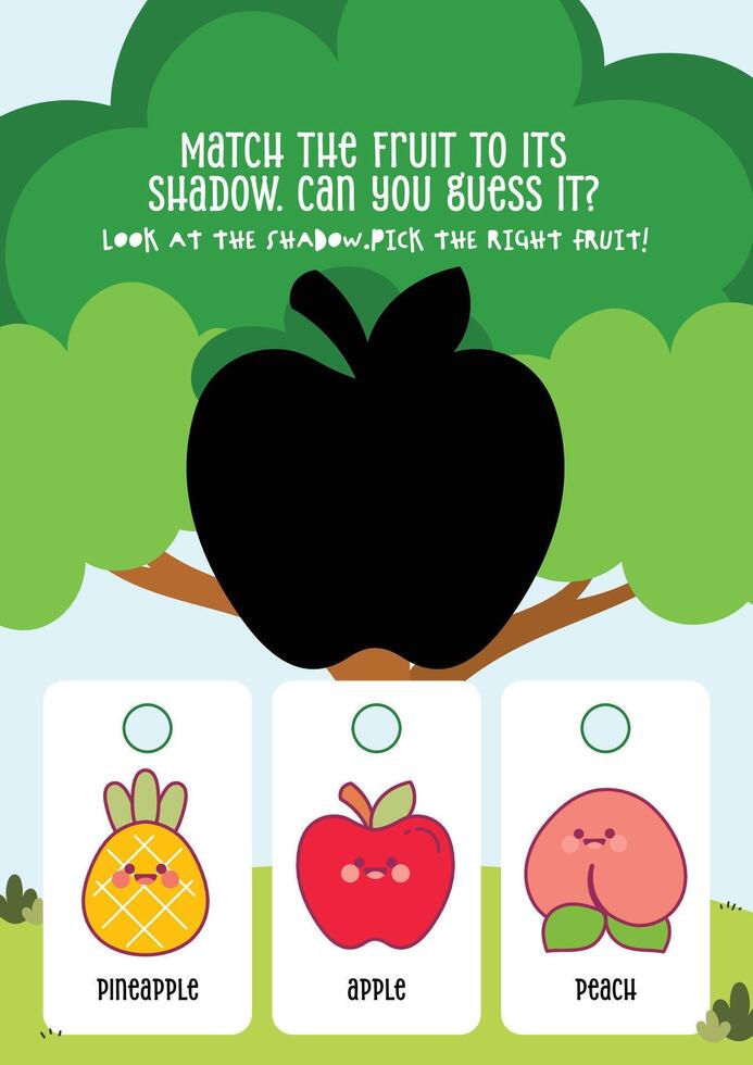 Kawaii printable worksheet for kids to match fruits with their shadows for fun learning and shape recognition vector