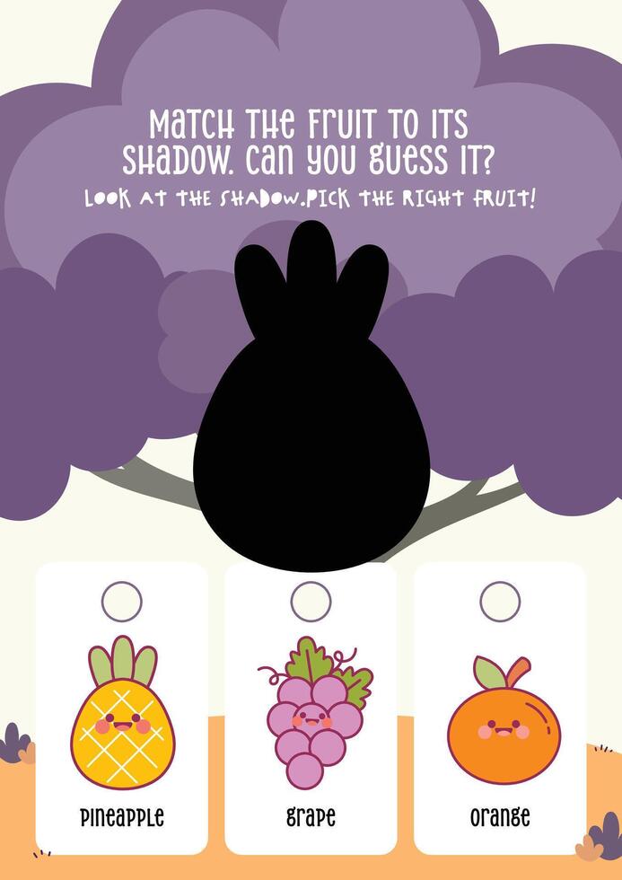 Shadow guessing worksheet with cute kawaii fruits for kids to support shape recognition and fun early learning vector