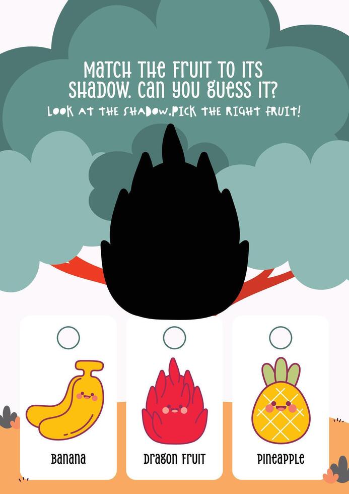 Kids worksheet in cute kawaii design for shadow matching with fruits to build early shape and recognition skills vector