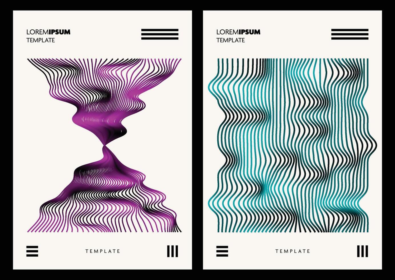 Set of abstract graphic wallpapers with vivid gradient colors and black contrast. Repeated line patterns create a bold and modern visual for stylish design use. vector