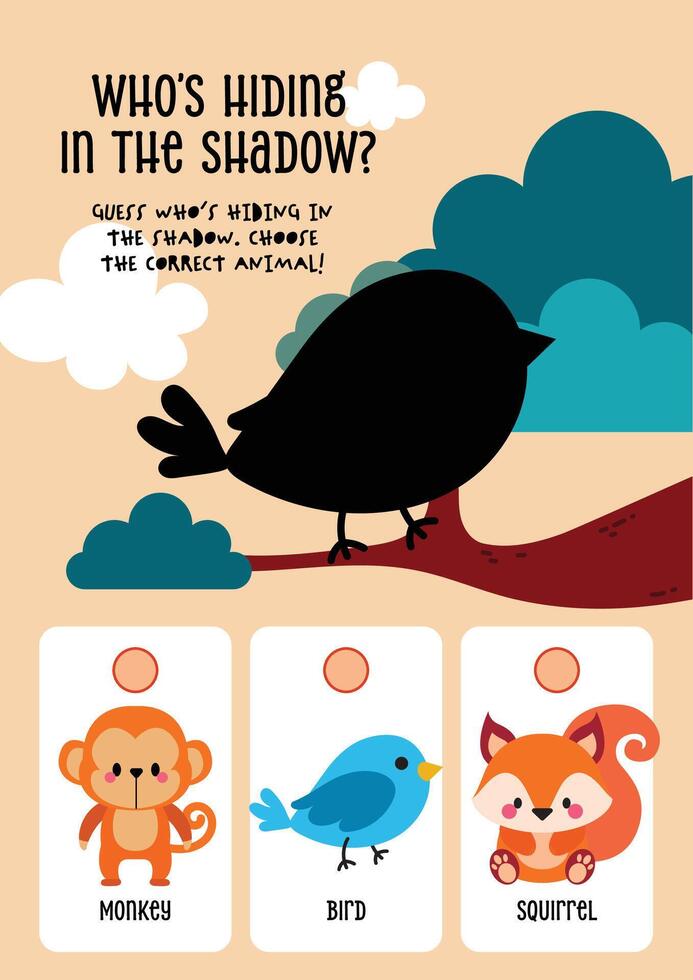 Printable kawaii worksheet for kids featuring animals in trees with a shadow match activity for early visual recognition vector
