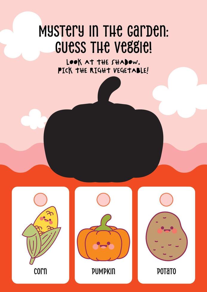 Fun kawaii worksheet with vegetable shadow guessing activity to support visual recognition and learning vector