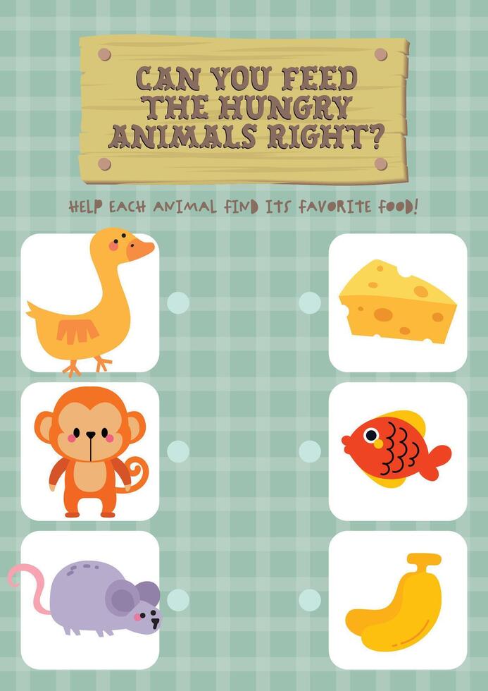 Kawaii printable worksheet for kids to draw lines matching animals with their correct food for fun learning and recognition vector