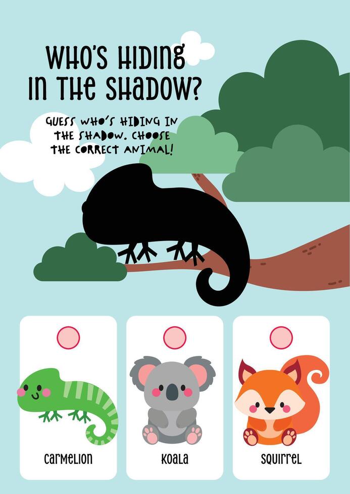 Cute kawaii worksheet for kids with fun animal shadow matching activity featuring animals in trees to support early learning and visual recognition skills. vector