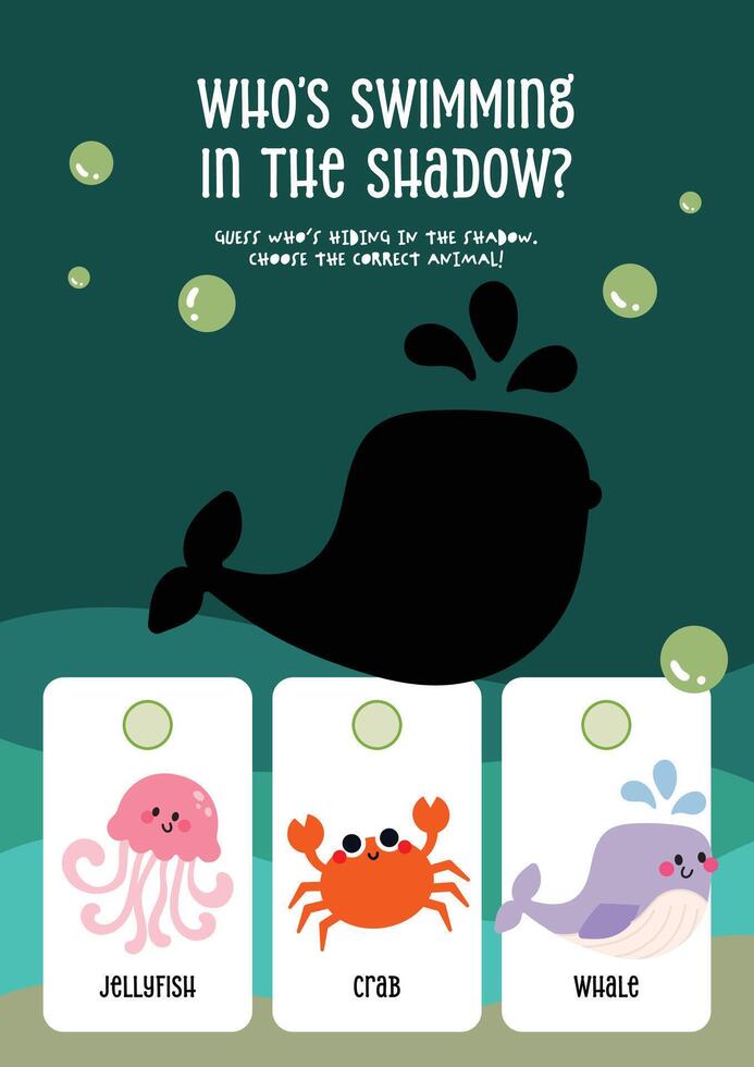 Cute and colorful worksheet featuring shadow matching with sea animals to help kids build early learning and marine knowledge vector