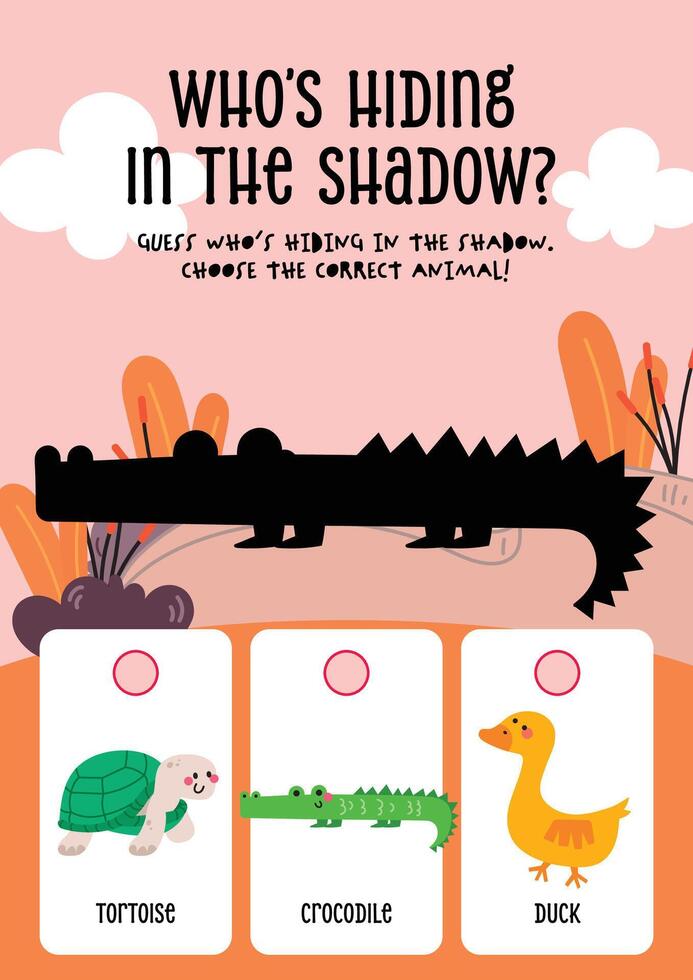Cute and colorful worksheet for kids featuring a swamp animal shadow match game for fun learning at home or school vector