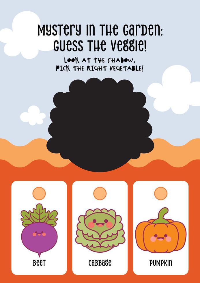 Colorful and cute printable worksheet with vegetable shadows for kids to support recognition and learning vector