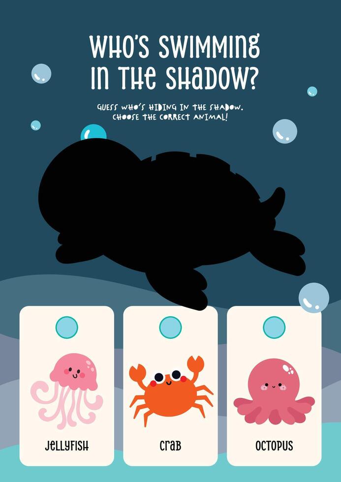 Shadow matching worksheet in kawaii style for kids featuring sea animals to support marine life knowledge and early skills vector