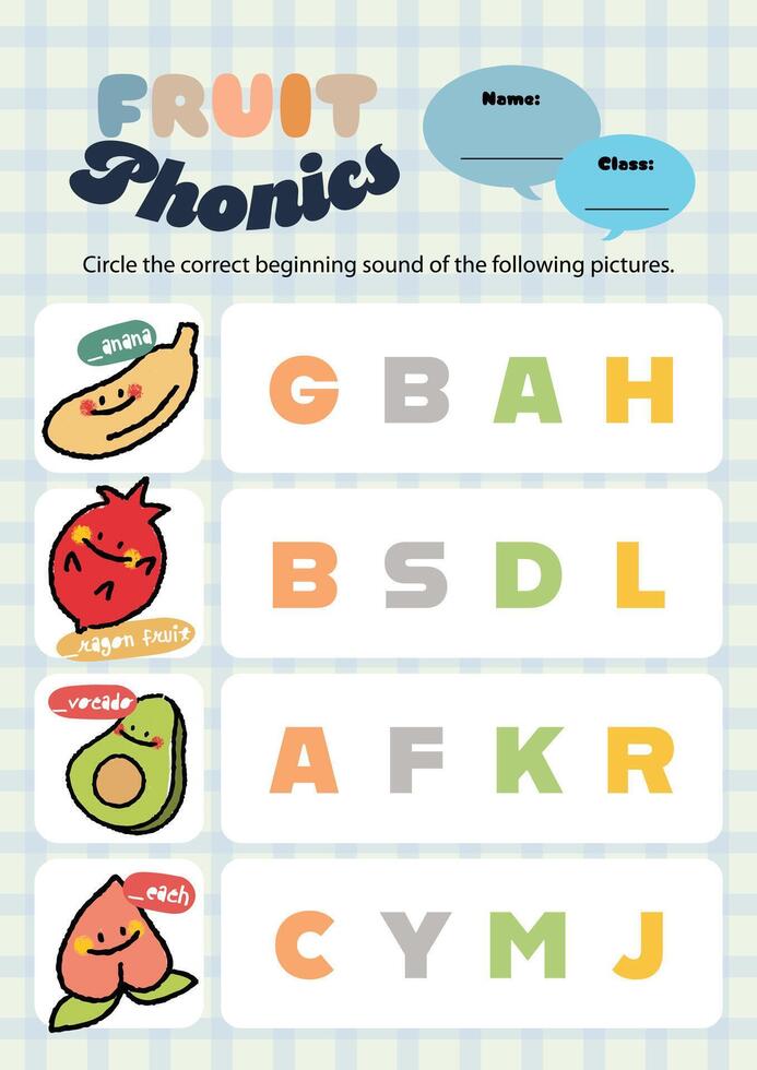 Fun phonics worksheet with fruit illustrations for kids colorful and engaging for learning at home or in classroom settings vector