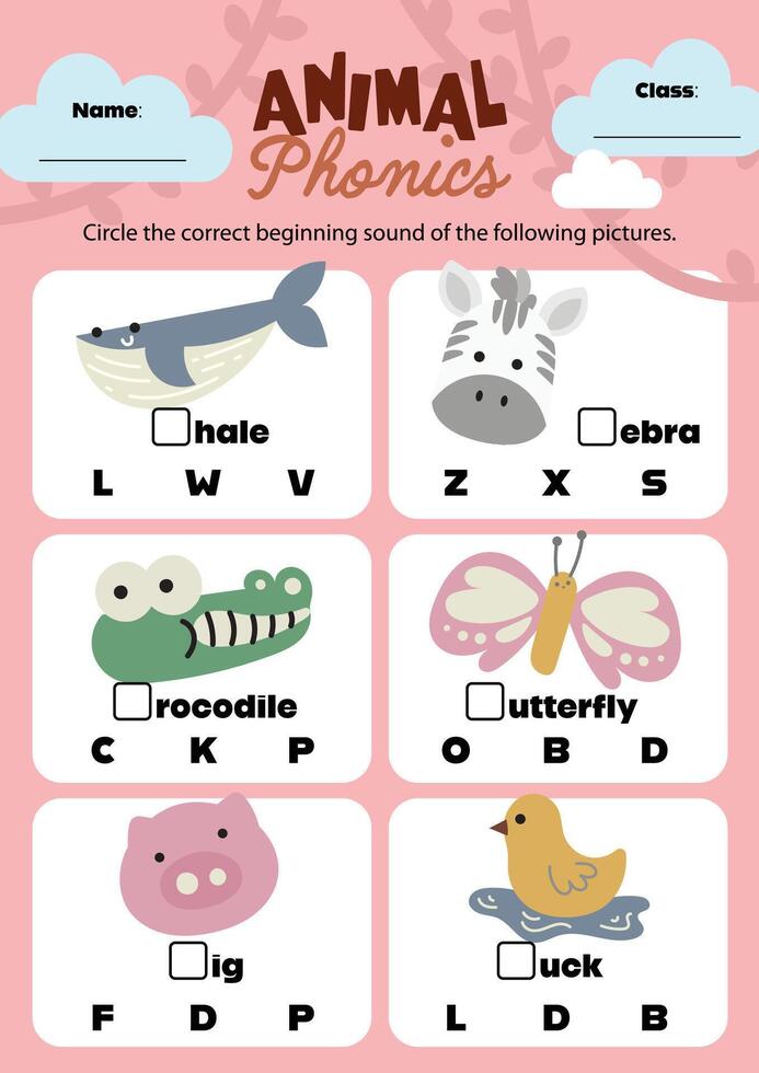 Cute and colorful printable worksheet for kids with animal themed phonics activities designed for fun and engaging early learning at home or school vector